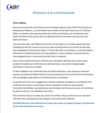 Annonce – Ouverture Mosquée de Puteaux