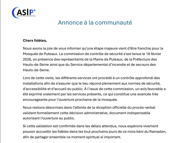 Annonce – Ouverture Mosquée de Puteaux
