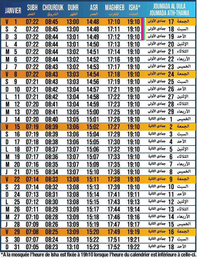 Association Solidarité Islamique de Puteaux Horaires des prières mensuels